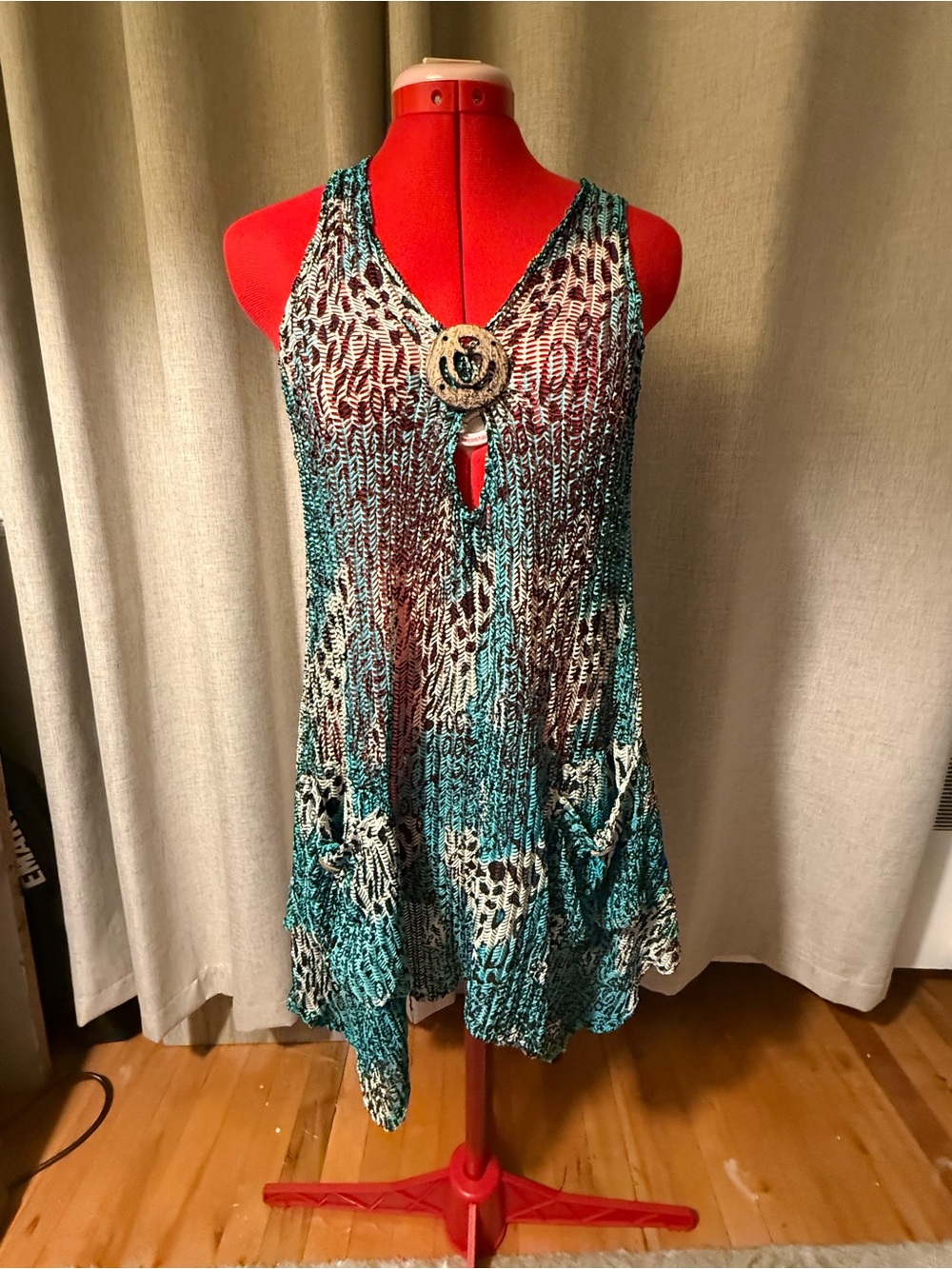 Paradise Sleeveless Teal Multi-Print Knit Tunic with Decorative Ring